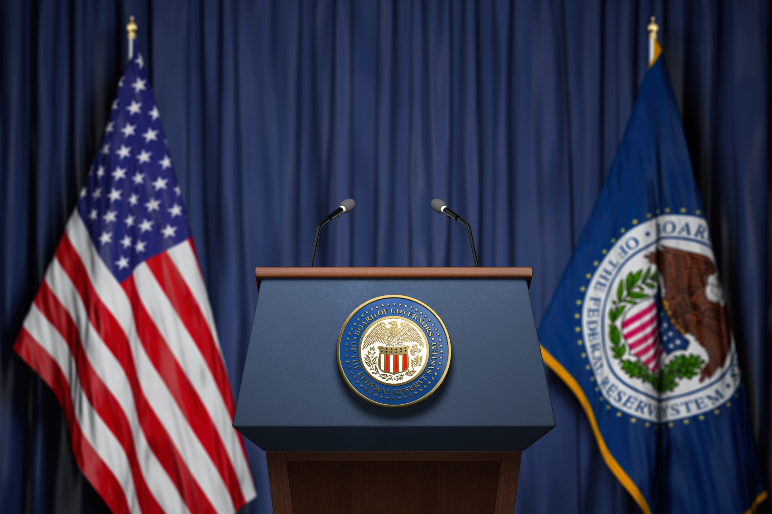 Stock photo of the Federal Reserve press conference stage.